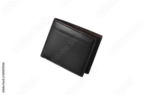 Top view of black leather wallet on transparent background. PNG format