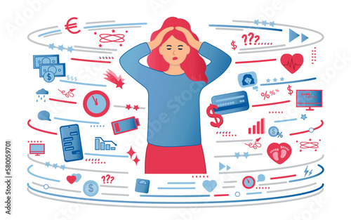 Sick woman having dizzy symptom in flat design on white background. Female feeling vertigo. Dizziness illness.