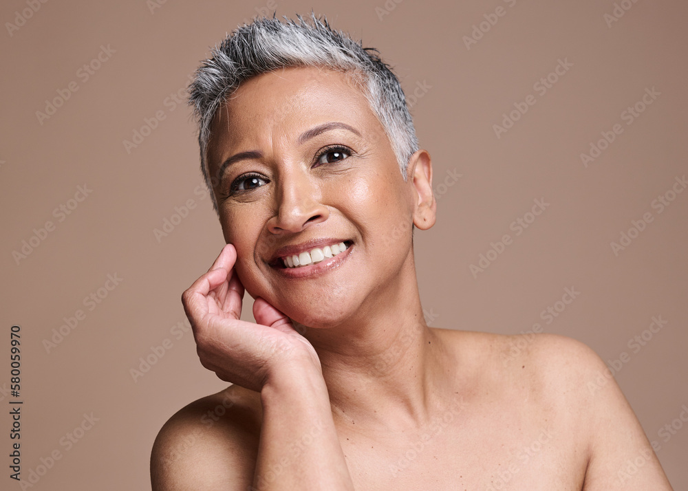Φωτογραφία Face, skin and beauty with woman in antiaging skincare portrait, smile and healthy glow with cosmetics and dermatology against brown studio background