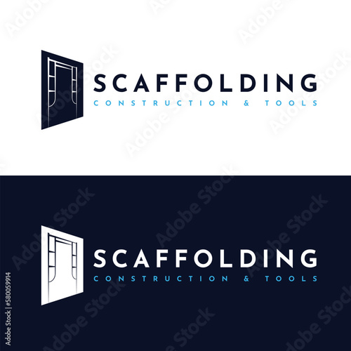 Scaffolding Logo Design. Building tool construction vector design. On navy blue, cyan, and white colors. Scaffold illustration