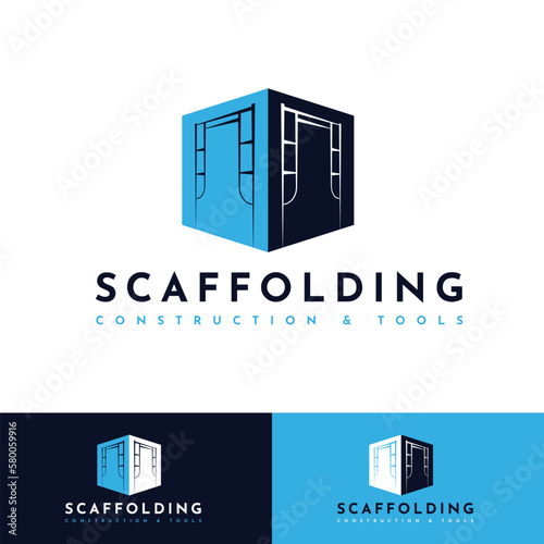 Scaffolding Logo Design. Building tool construction vector design. On navy blue, cyan, and white colors. Scaffold illustration