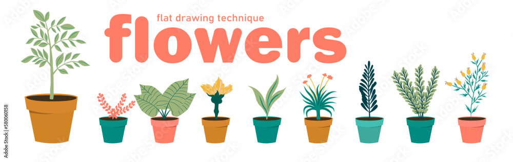 Fototapeta premium set flowers in pots. illustration flat image. vector hand drawn
