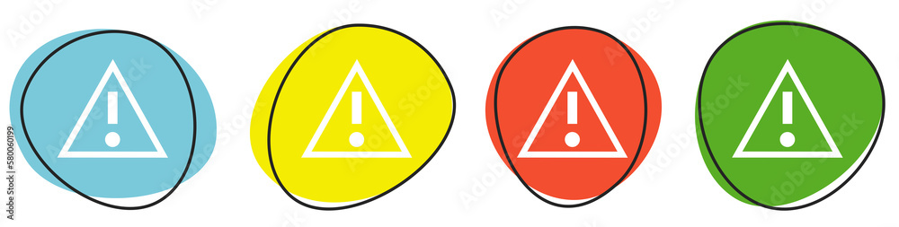 Banner mit 4 bunten Buttons: Warnung, Fehler oder Warndreieck Banner mit 4 bunten Buttons: Warnung, Fehler oder Warndreieck
