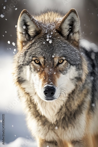 Photograph of a wolf in snow  film photography.