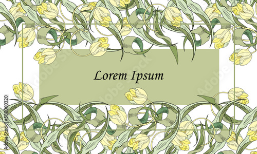 Floral frame of blooming yellow tulips.