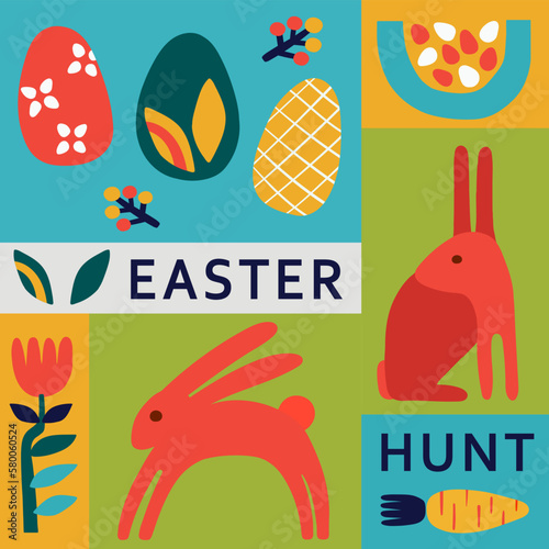 Happy Easter flat modern vector illustration. Egg hunt poster template. Minimalism. Hand drawn abstract flowers, bird, easter bunny, egg.