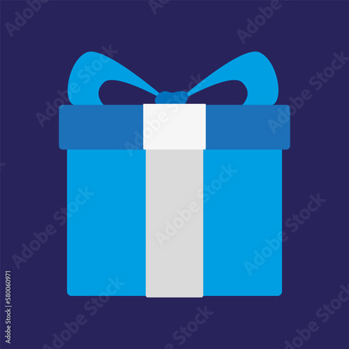 Surprise blue gift box, birthday celebration, special give away package, loyalty program reward, wonder gift with exclamation mark, vector icon, flat illustration