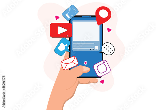 Hand holding mobile phone.messages.Man chatting on mobile with sms chat and group chat concept.talking,conversation, dialog.Vector flat cartoon and social online concept idea.