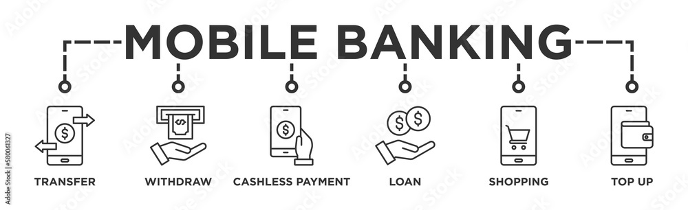 Mobile banking banner web icon vector illustration concept with icon of transfer, withdraw, cashless payment, loan, shopping, top up Mobile banking banner web icon vector illustration concept with icon of transfer, withdraw, cashless payment, loan, shopping, top up