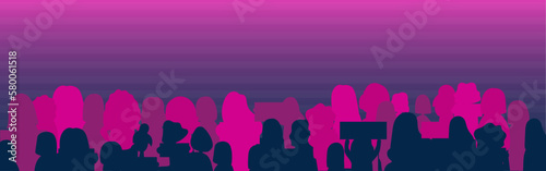 Silhouettes of crowd of people. Protest and strike, demonstration and revolution concept. Political protest in defense of women's rights. Vector in neon colors.