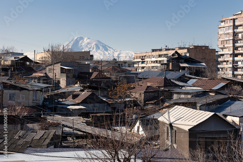 Cityscape with a monument of a national hero Vardan Mamikonyan with a sword in his hand on a galloping horse, Yerevan, Armenia