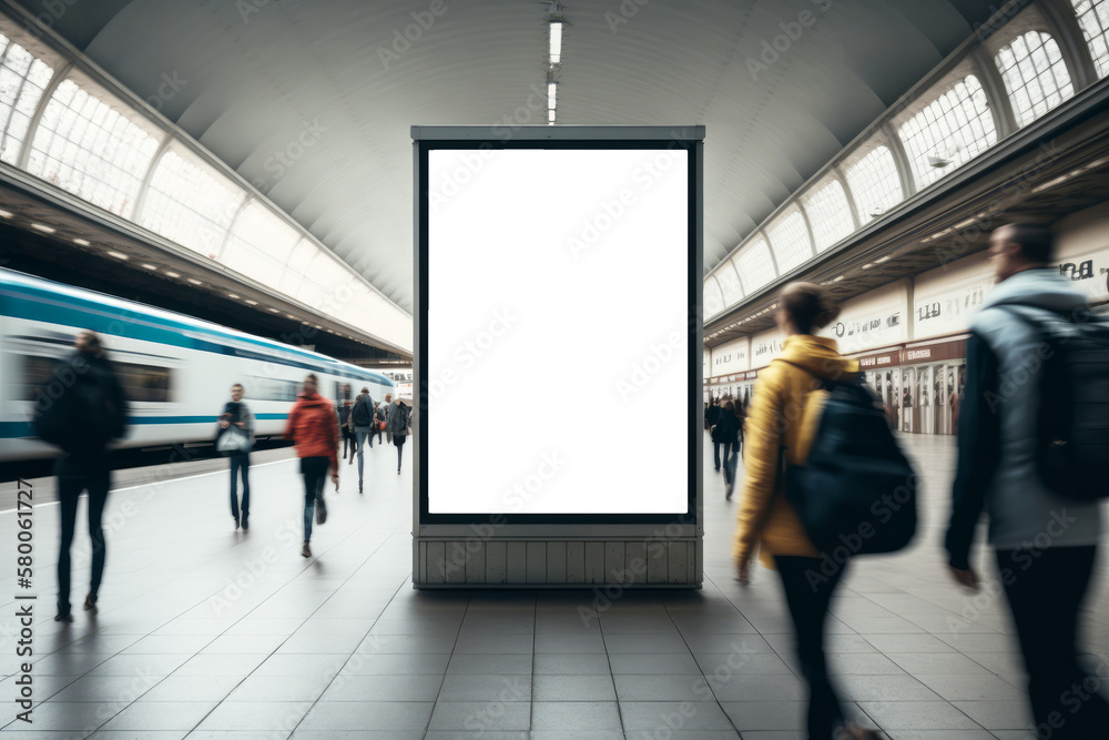 An empty blank billboard or advertising poster in a train station with blurred people. Generative ai An empty blank billboard or advertising poster in a train station with blurred people. Generative ai