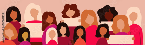 Female diverse faces of different ethnicity.  Women empowerment movement pattern. Social protest. Activists picket. International womens day graphic in vector. 
