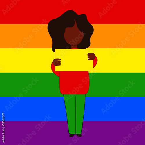 One person woman on LGBT rainbow background. The concept of protest, demonstration, fight for rights. Cartoon flat vector illustration.