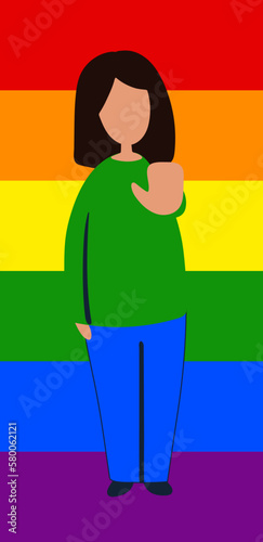 A woman in front of a rainbow LGBT A woman in front of a rainbow LGBT flag in casual clothes with a blank poster in her hand. She extended her hand, gesture stop. The concept of protest, demonstration