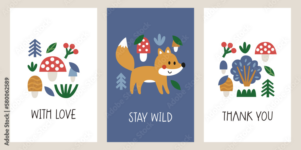 Cute vector woodland cards with forest animals, fox, hare, rabbit, mushrooms, plants, trees, leaves, bushes, berries, Sinek Agaric in minimal flat modern style