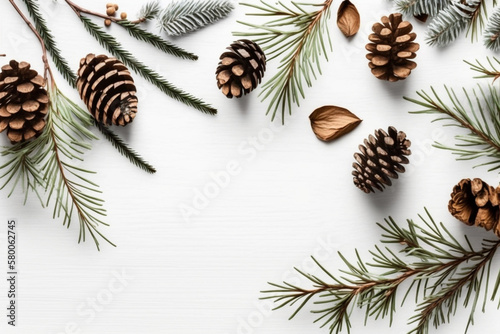 白木の背景にトウヒの小枝と円錐、クリスマスのフラットレイAI photo