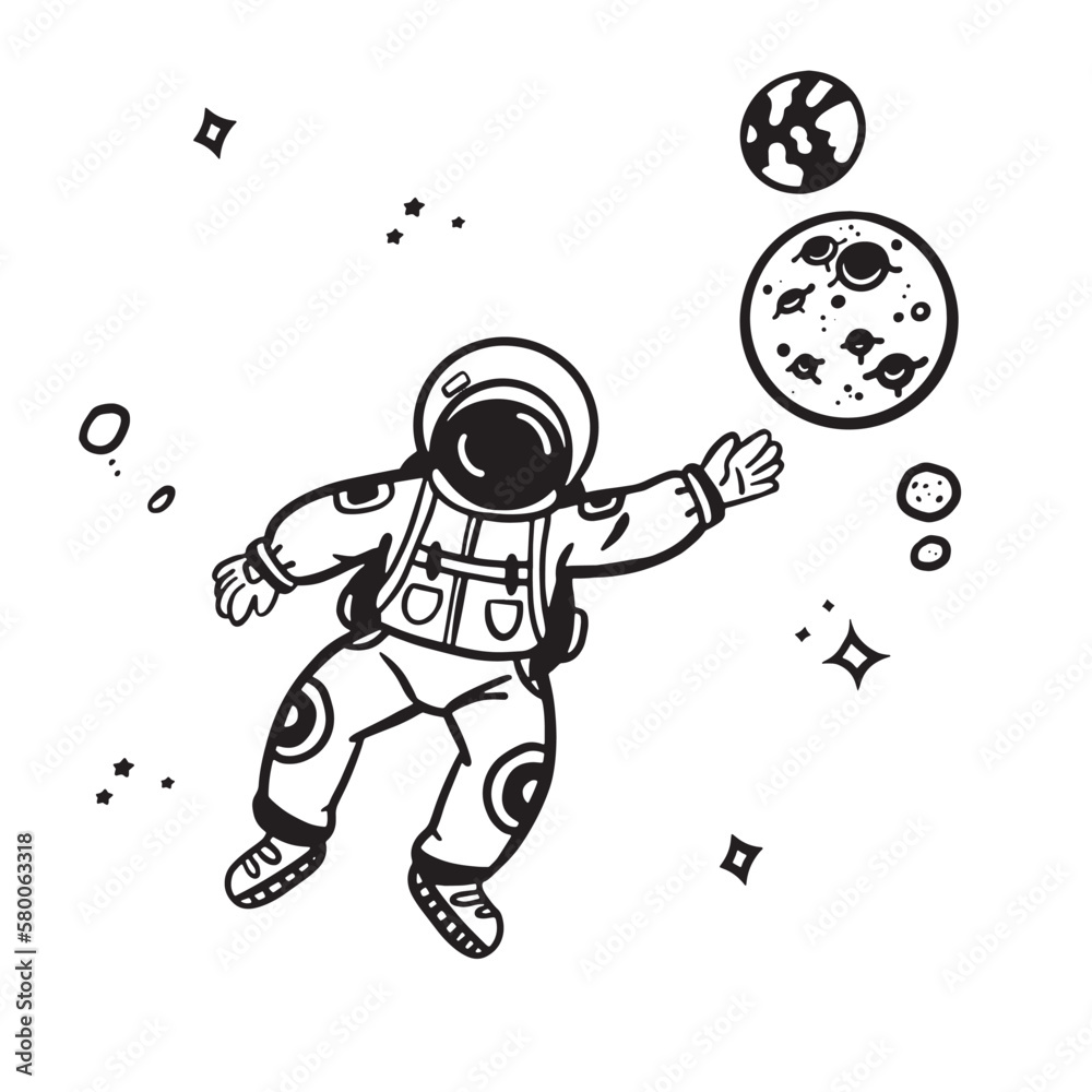 Fototapeta premium Astronauts in space on the background of the moon hand-drawn, for posters, stickers and any design. Isolated on a white background. Vector illustration with doodles.