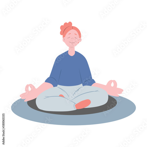 A girl meditates at home on a rug. Portrait of a character on a mat, watching, meditation, vacationers. Flat vector illustration isolated on a white background.