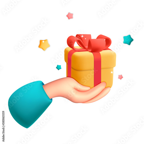 3d vector human hand holds and give present gift box with red ribbon bow design illustration