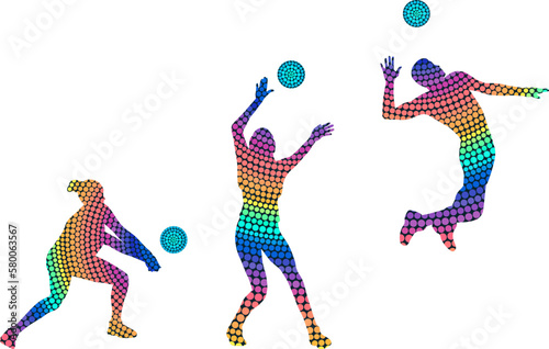 Set of silhouettes of Volleyball players from colored dots. Isolated vector images
