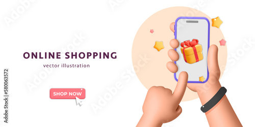 3d vector realistic render mockup banner for shopping online man hand holding smartphone picking up the gift present design