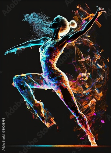 Illustration of dancing girl with neon lights at black background. Generative AI.