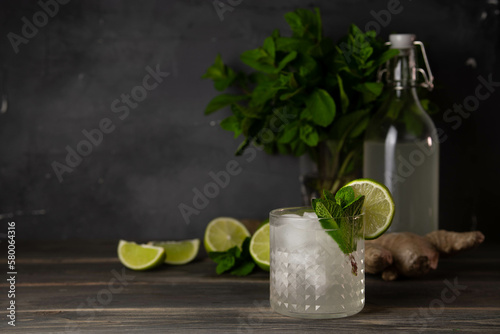 Moscow Mule Cocktail Isolated on White Background. A Moscow mule is a cocktail made with vodka, spicy ginger beer, and lime juice. Selective focus.