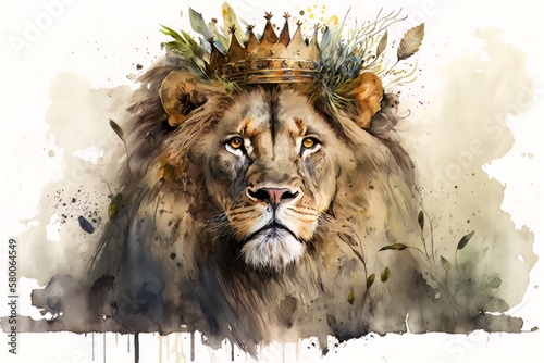 Watercolor of a lion with a crown. King of the forest. Powerful animal. Generative AI