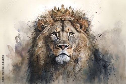 Watercolor of a lion with a crown. King of the forest. Powerful animal. Generative AI