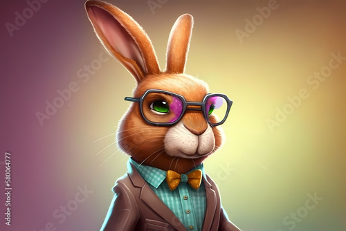 Smart stylish rabbit in glasses. Trendy concept with a modern cartoon bunny. Generative AI