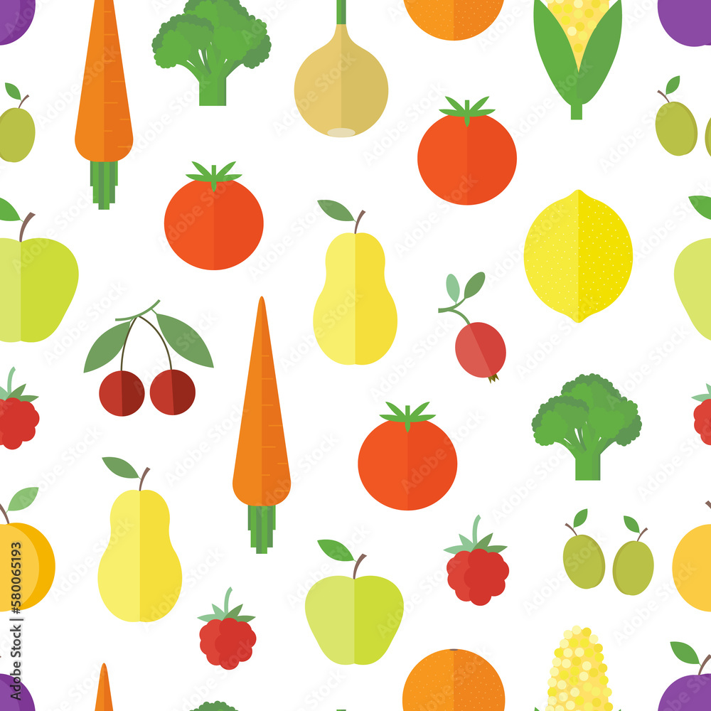 Seamless pattern with fruits, vegetables and berries in flat Seamless pattern with fruits, vegetables and berries in flat