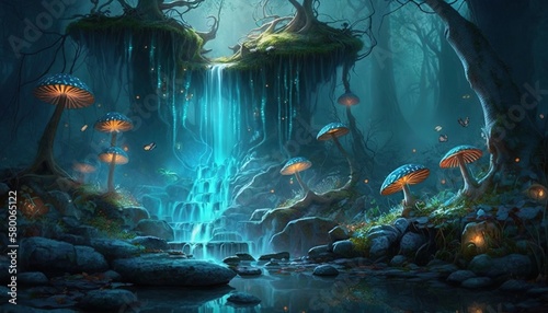 Enchanted Wonderland: An Enchanted Forest with a Magical Waterfall, Fairies, and Glowing Mushrooms