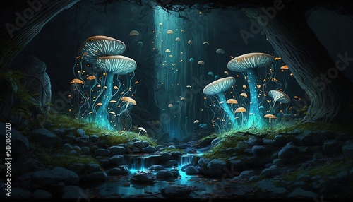 Enchanted Wonderland: An Enchanted Forest with a Magical Waterfall, Fairies, and Glowing Mushrooms