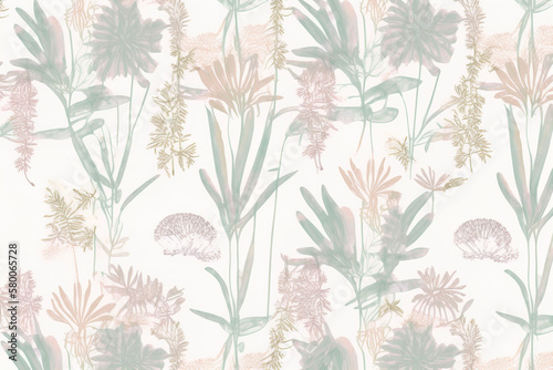 Botanical pattern, pastel color palette light, transparent floral set isolated on light background, tropical leaves, collage style, abstract art tropical leaves background, generative ai © Vladimir Sazonov