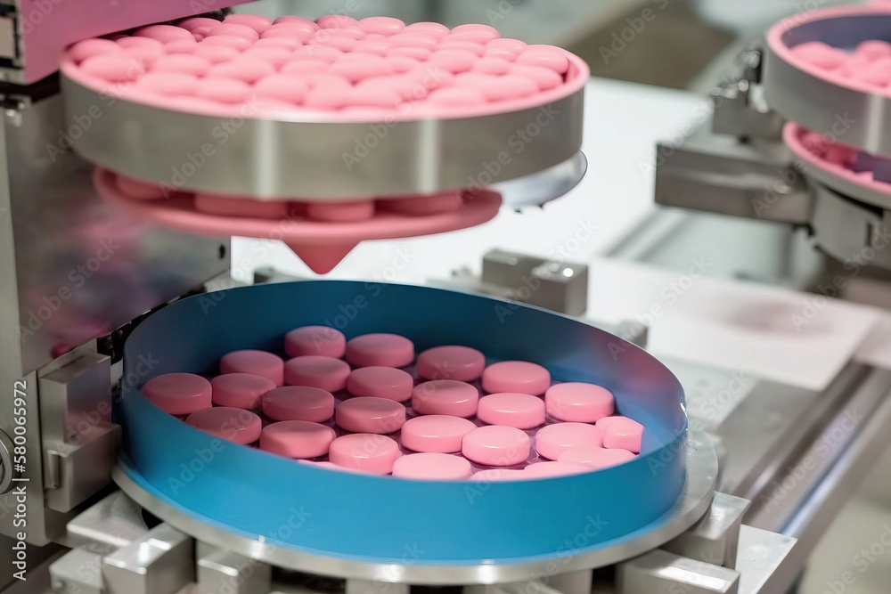 Pills During Production and Packing Process on Modern Pharmaceutical Factory. Medical Drug Manufacturing. Generative AI Pills During Production and Packing Process on Modern Pharmaceutical Factory. Medical Drug Manufacturing. Generative AI