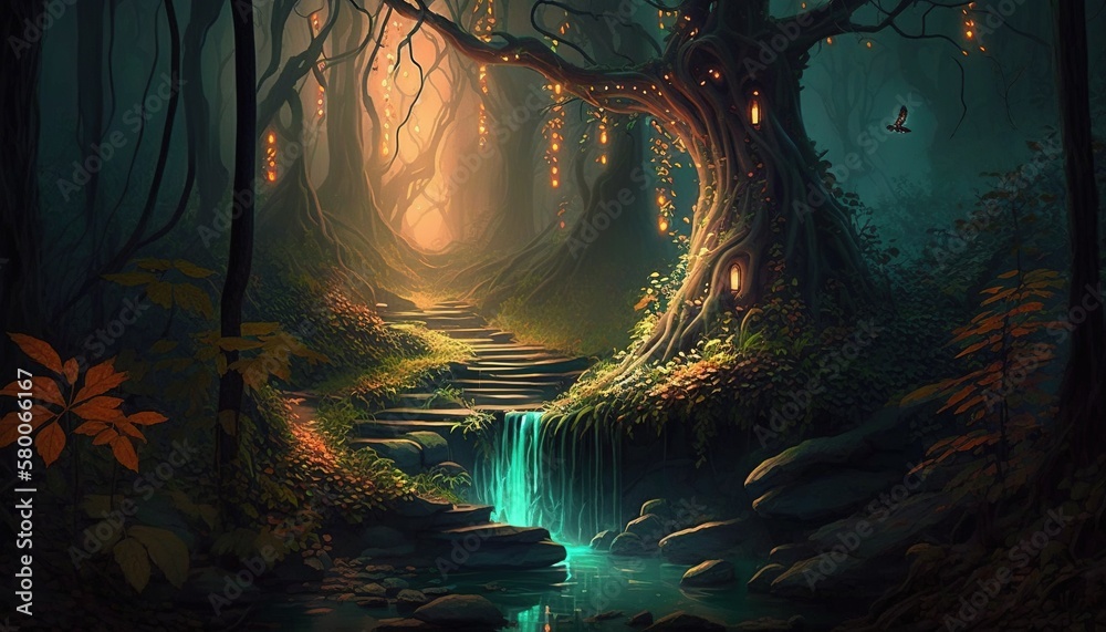 Enchanted Forest: A Magical Place with a Glowing Tree, Fairies, and a Hidden Waterfall