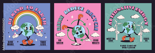 Collage vintage motivation poster or card design template with walking happy cute Earth planet character mascot with slogan of save Earth caption for t shirt print. Set in modern cartoon style