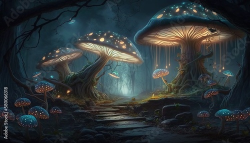 Enchanted Mushroom Grove with Illuminated Fairies