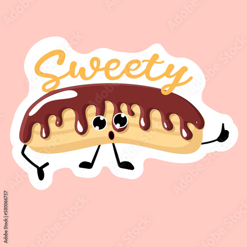 Sweetie sticker. eclair with chocolate icing. Bakery logo. Vector illustration of bakery and pastry.Eclair cartoon character.