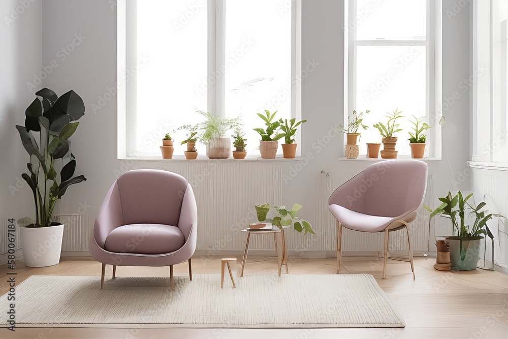 Stylish Armchair and Diffrent Potted Plants, Big Window, Minimalist Interior Design