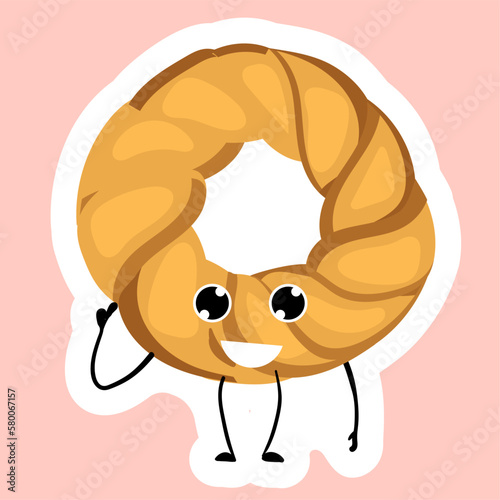 Sticker Ukrainian kalach.Bakery logo. Vector illustration of bakery and pastry.Cartoon character kalach.