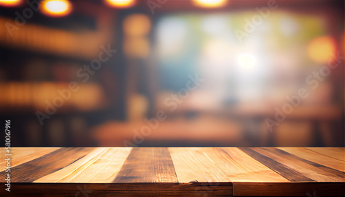 Empty Wooden top over defocused  cafe interior, Generative AI