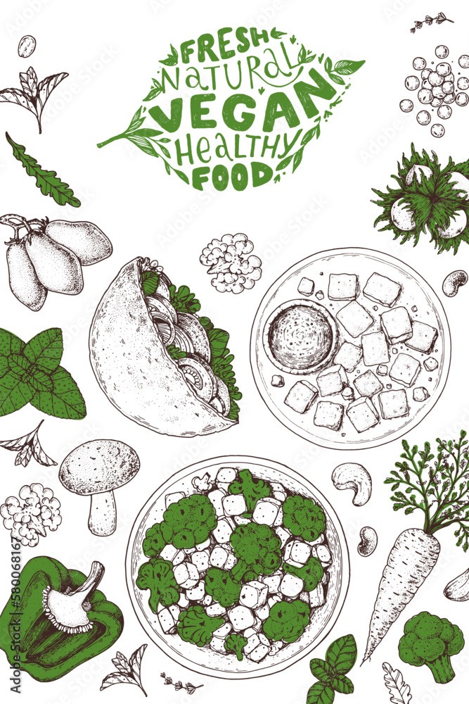 Vegan food frame. Hand drawn vector illustration. Menu design template ...