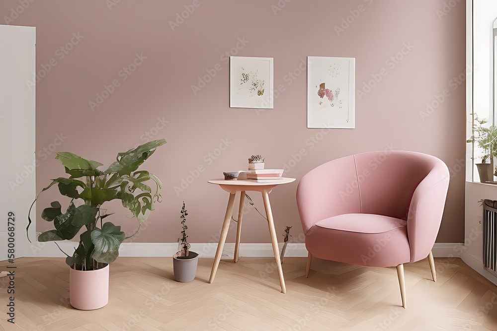 Stylish Armchair and Diffrent Potted Plants, Big Window, Minimalist Interior Design Stylish Armchair and Diffrent Potted Plants, Big Window, Minimalist Interior Design