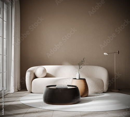 Fotografiet Modern interior design of living room with white sofa and empty wall background