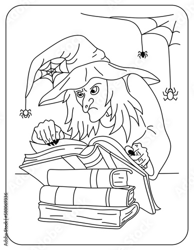 Halloween. An old witch with books. Vector black and white illustration.Coloring book.