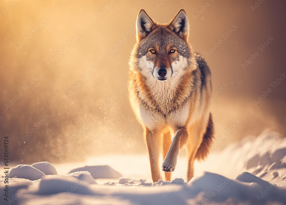 Wolf Walking on Snow at Sunset  .AI generated Illustration.