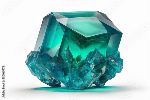 3d render, emerald blue crystal isolated on white background - natural gem stone mineralogy