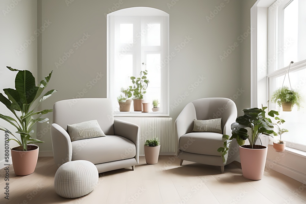 Fototapeta premium Stylish Armchair and Diffrent Potted Plants, Big Window, Minimalist Interior Design